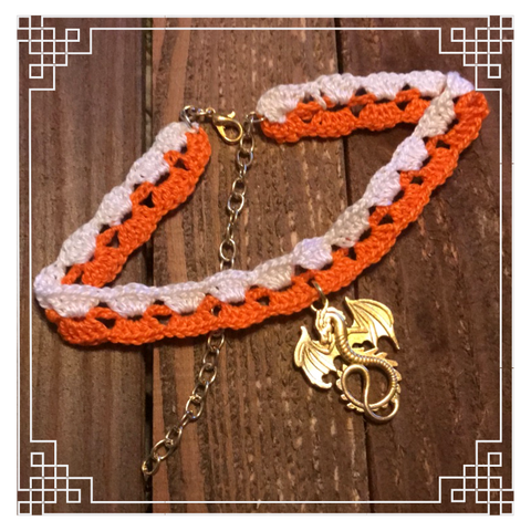 Mystical Orange and White Dragon Crochet Necklace